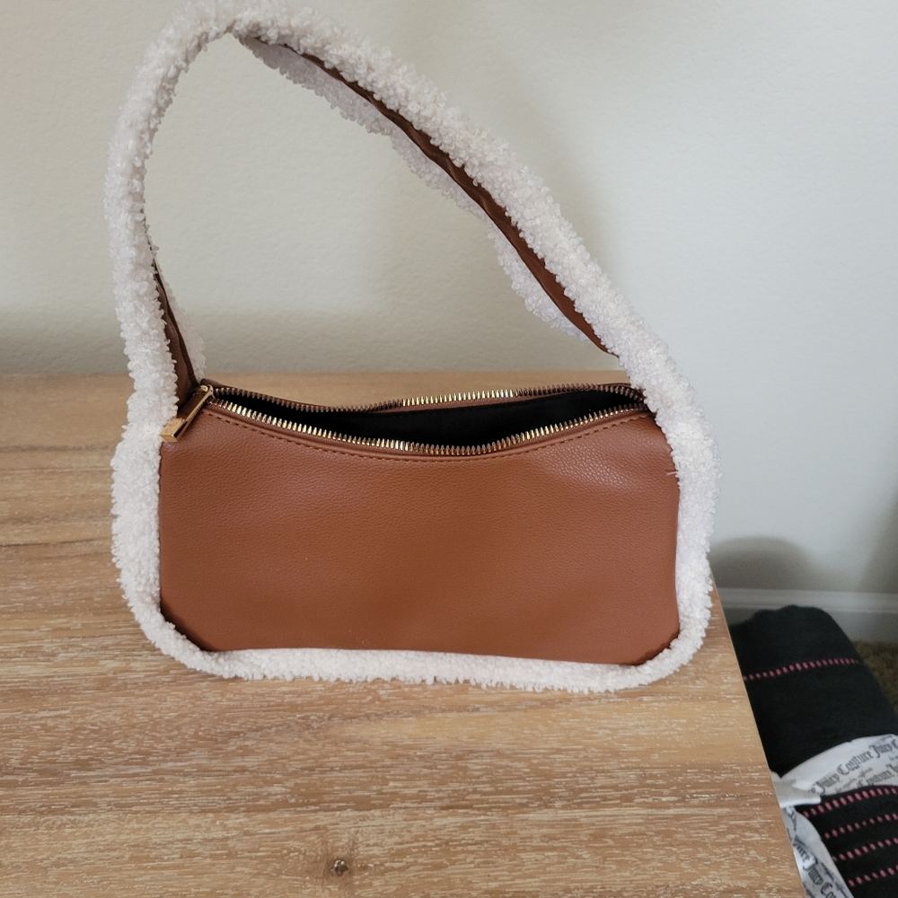 Faux Shearling-Trim Faux Leather Handbag